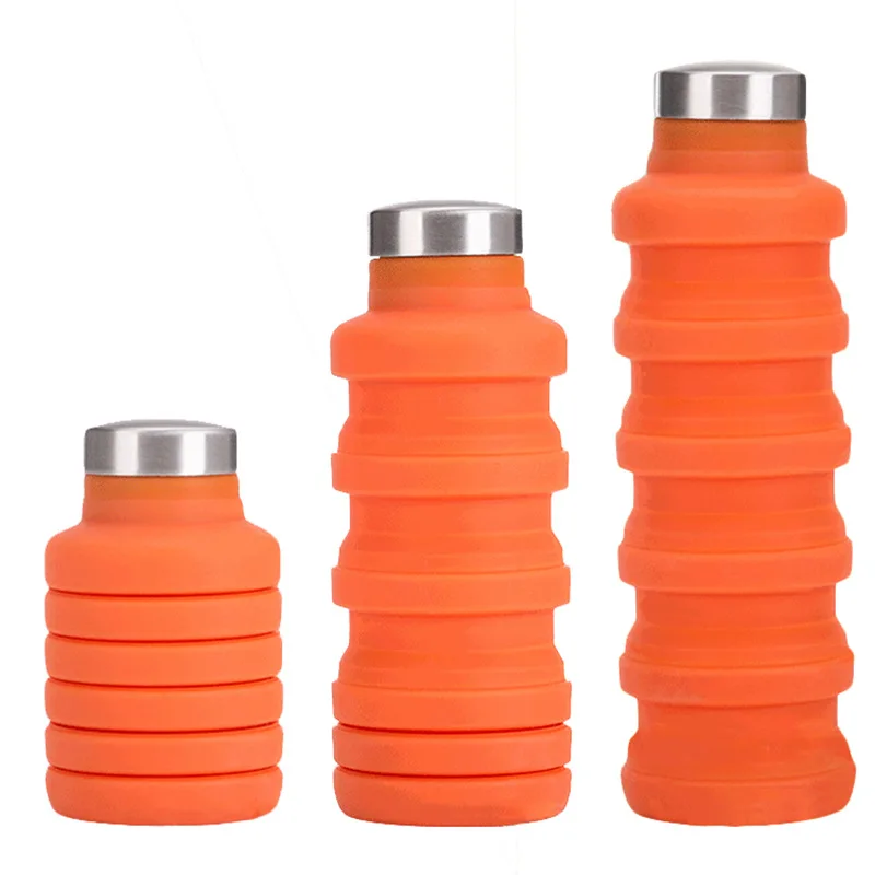 

500ML Sport collapsible silicone water bottle with stainless steel cover Travel silicone foldable water bottle BPA FREE, Blue;purple;orange;grey