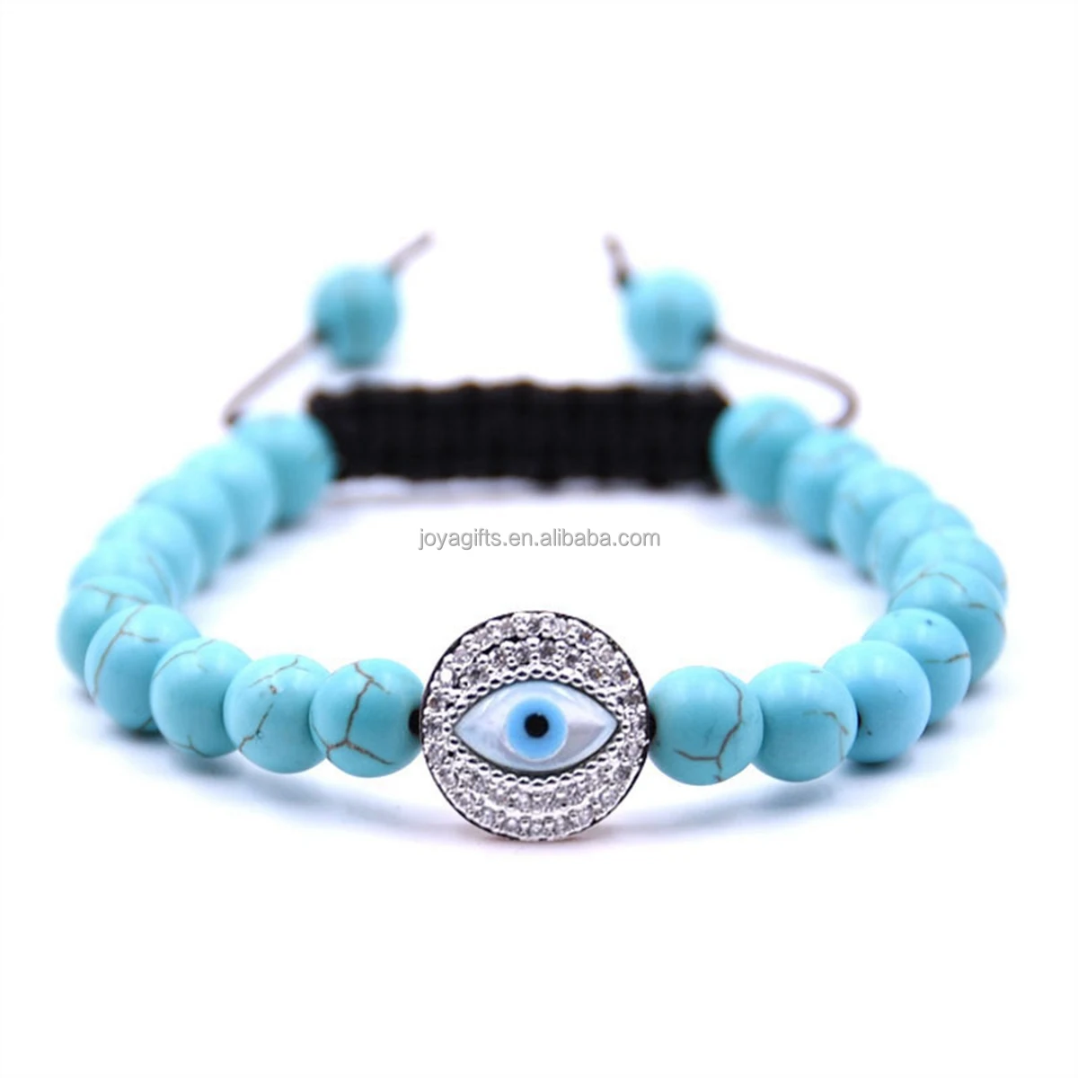 

2018 New style Silver CZ Evil Eye with 8MM blue turquoise round beads woven bracelet for women men charm jewelry, As picture