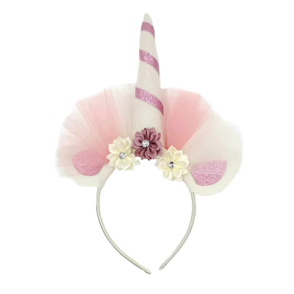 

New Fashion Birthday Party Girl Headband Kids Unicorn Horns Satin Flower Headband With Glitter Ears, Picture