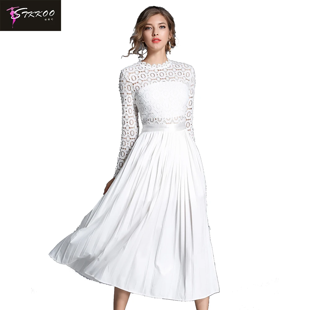 

Europe and America Water Soluble Long Sleeve Lace Dress Crochet White Patchwork Split Dress, White lace