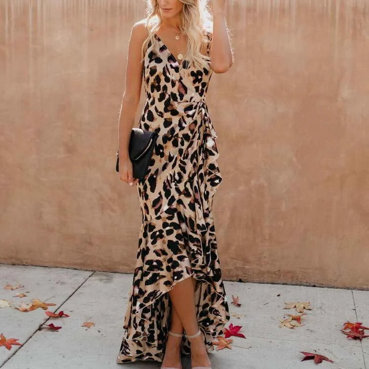 

High Quality Women Sexy Backless Leopard Fashion Fishtail Chiffon Print Pleated Maxi Dress