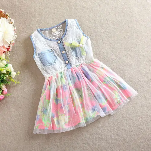 Gown Baby Girls Kids Party Denim Blue Floral Lace A Line font b Fancy b font