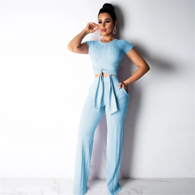 2019 hot sell 6colors women clothing ol office ladies two piece Outfits (crop top+wide leg pants) 2 Piece Set