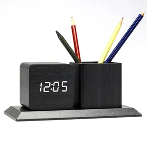 KH-WC009 Promotional Sound Control Cube Alarm Digital Table Wooden Pen Holder Clock