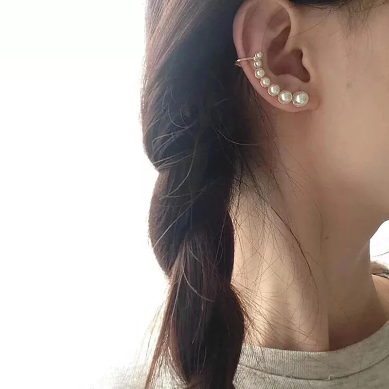 

925 Sterling silver stud asymmetry wrap pearl ear clip cuff earrings, As picture shows