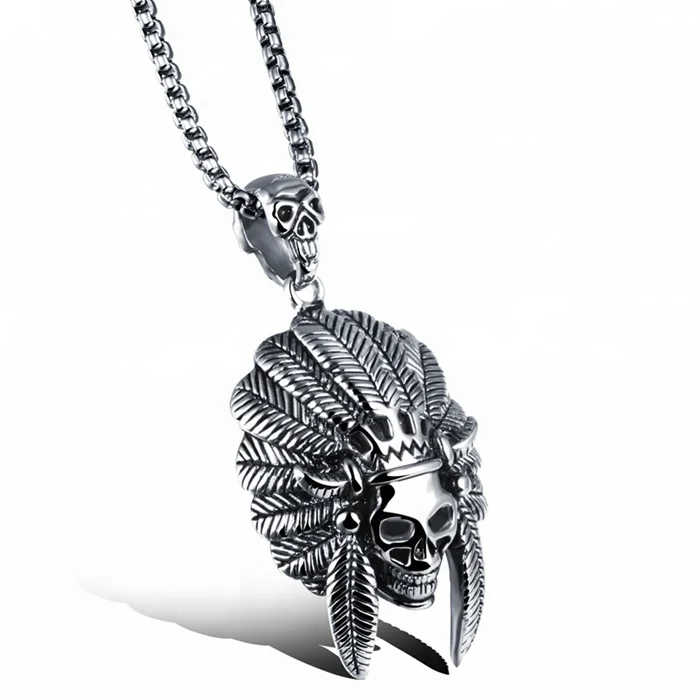 

MECYLIFE Wholesale Fashion Hippie Jewelry Necklace Indiana Skull Head Pendant Stainless Steel Necklace, Silver