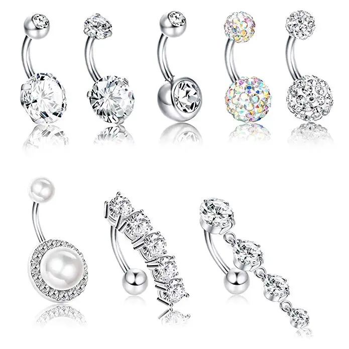 

8Pcs/Set Zircon Pearl 316L Stainless Steel Navel Dangle Belly Button Bar Sexy Body Piercing Jewelry For Girls Women, Silver