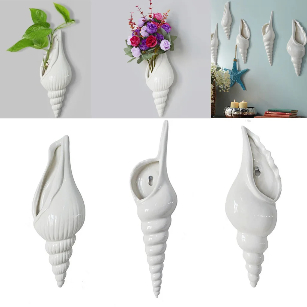 Modern 3D White Ceramic Sea Shell Flower Vase Conch Wall Hanging Home Decor 