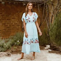 

Women Dresses Button Lace Up Flow Bohemian Embroidery Beach Short Sleeve Maxi Dress Women Boho Dress