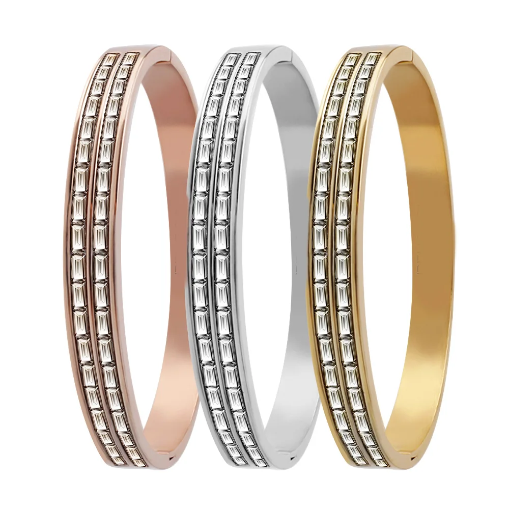 

New Design Pave Square CZ Bangle Luxury Woman Bracelet Sets, Steel;gold;rose gold