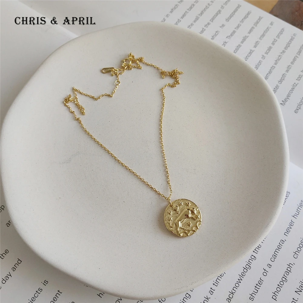 

Chris April vintage 925 sterling silver gold plated Taurus zodaic coin pendant necklace, Yellow gold