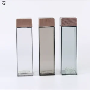 Image of 500ml BPA FREE portable reusable travel unbreakable plastic sports square shaped wooden lid water bottle