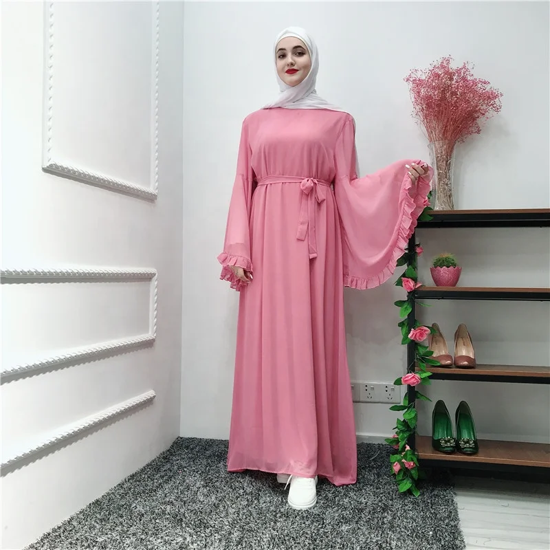 

2019 high quality islamic design chiffon abaya long sleeves muslim women dresses with belt, Black, red brown, dusty pink, beige