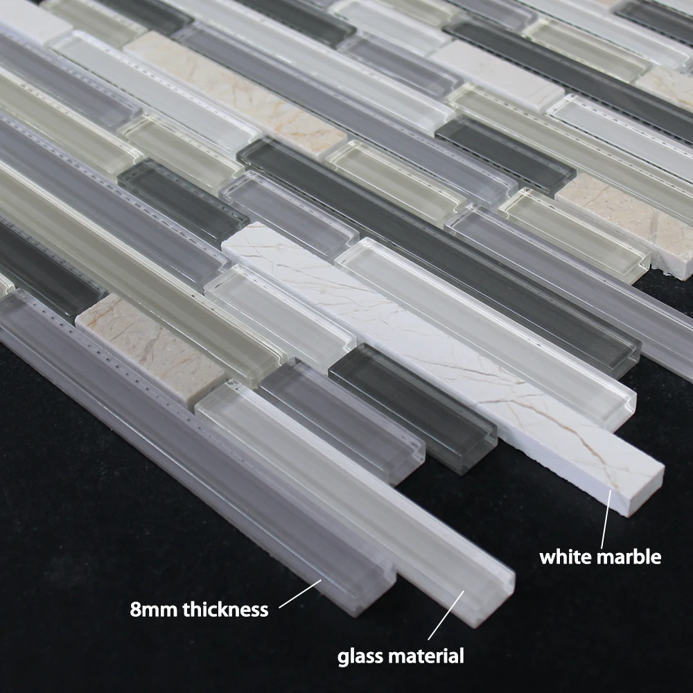 Strip white marble stone and glass mosaic interior wall home decor