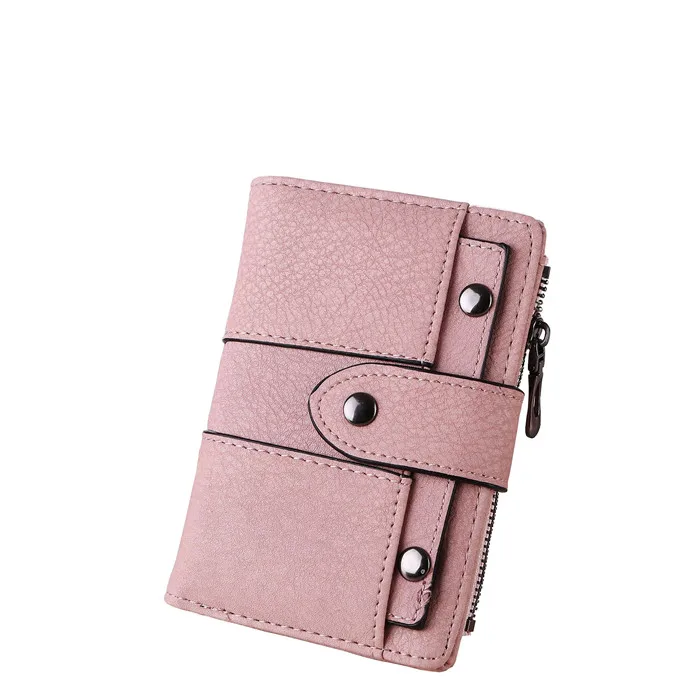 

Wholesale Hot Selling China Suppliers Short Wallet Retro PU Leather Matte Ladies Purse 3 Fold Rivet Buckle Zipper Girls Wallet