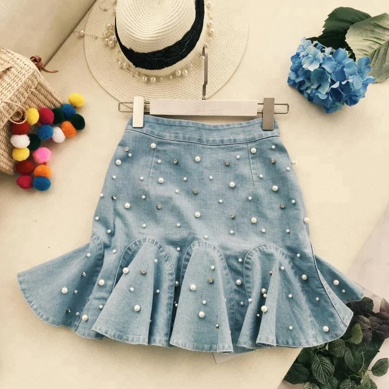 

B14101A hot sale korea style lady pearl beads denim skirts