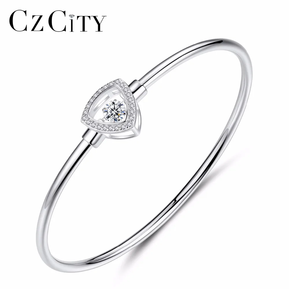 

CZCITY Women Genuine Silver Party Jewelry Gift Charming Tiny Zircon Paved Hollow Triangle Shape 925 Sterling Silver Bangles