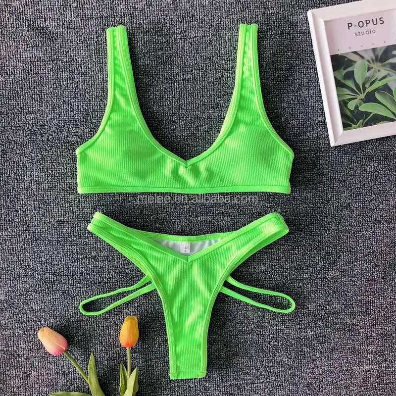 Solid Bandage Neon Green Bikini Push Up Swimsuit Strings Swimwear Micro ...