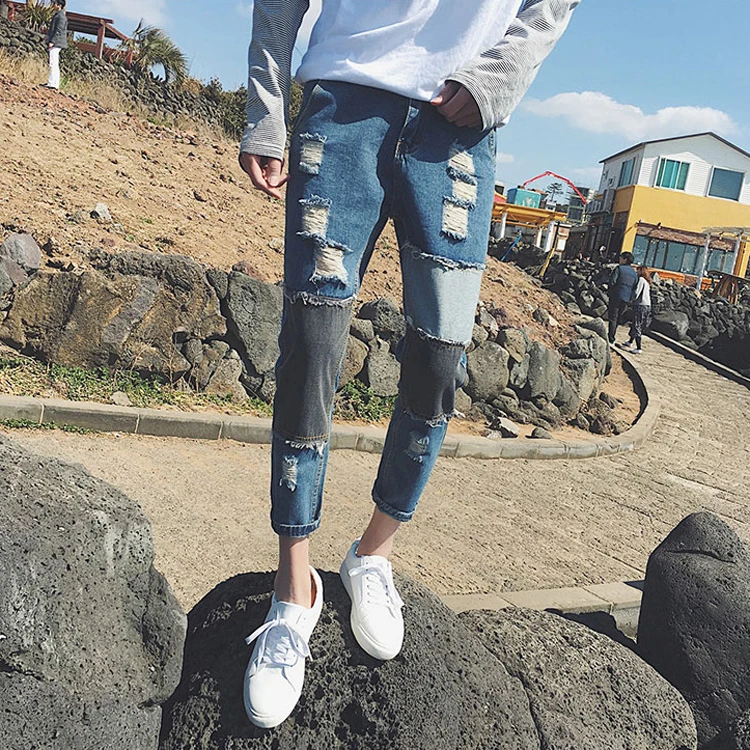 Korean Stylish Skinny Ninth Patches Ripped Jeans Buy Skinny And