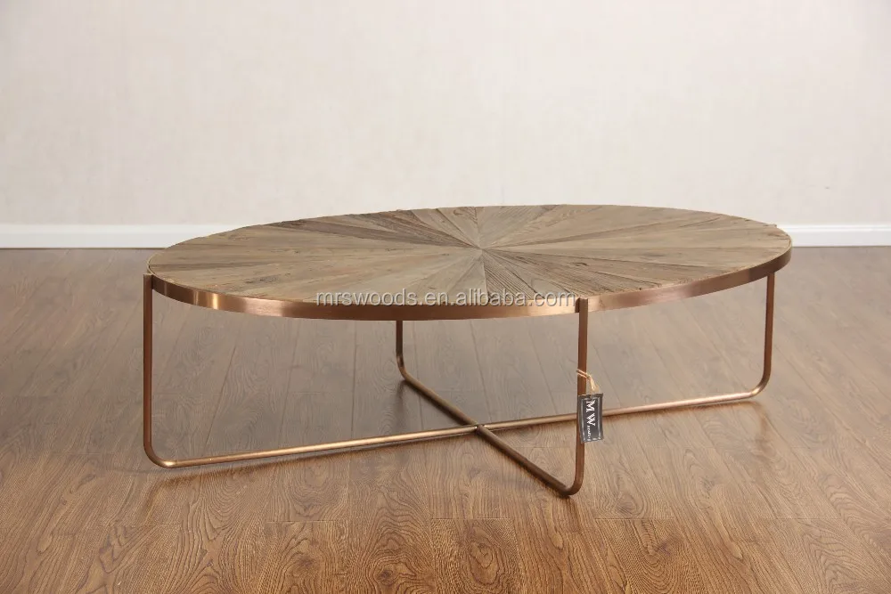 Rustic Wood Oval Center Coffee Table With Rose Gold Metal Legs Buy