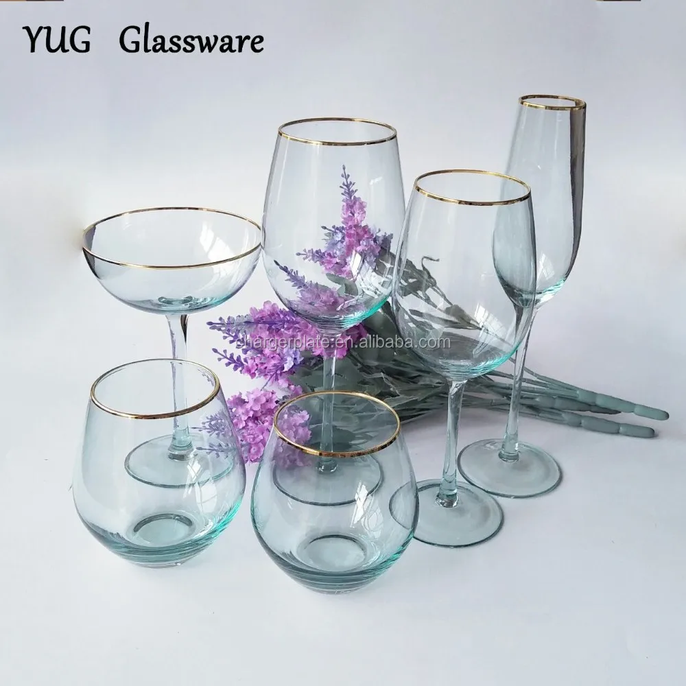 Wedding Events Hiring Pink Blue With Gold Rim Wine Glasses,Goblets