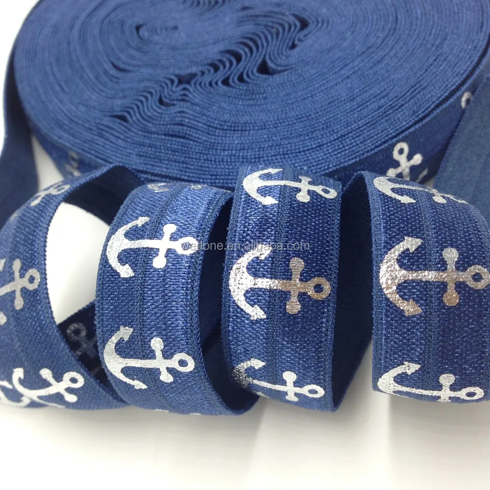 

Blue Silver Foil Anchor Print Fold Over Elastic for DIY Hair Supplies 5/8" Anchor FOE for Hair Accessories 100Yards/lot, As per picture