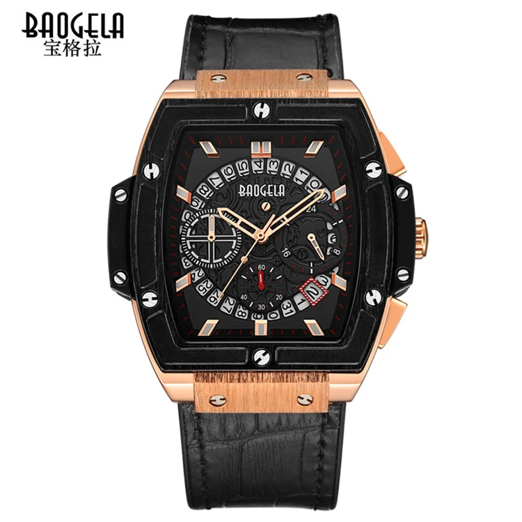 

BAOGELA 1703 Men's Leather Strap Waterproof Quartz Watches Army Sports 24 Hours Analogue Chronograph Wristwatch for Man