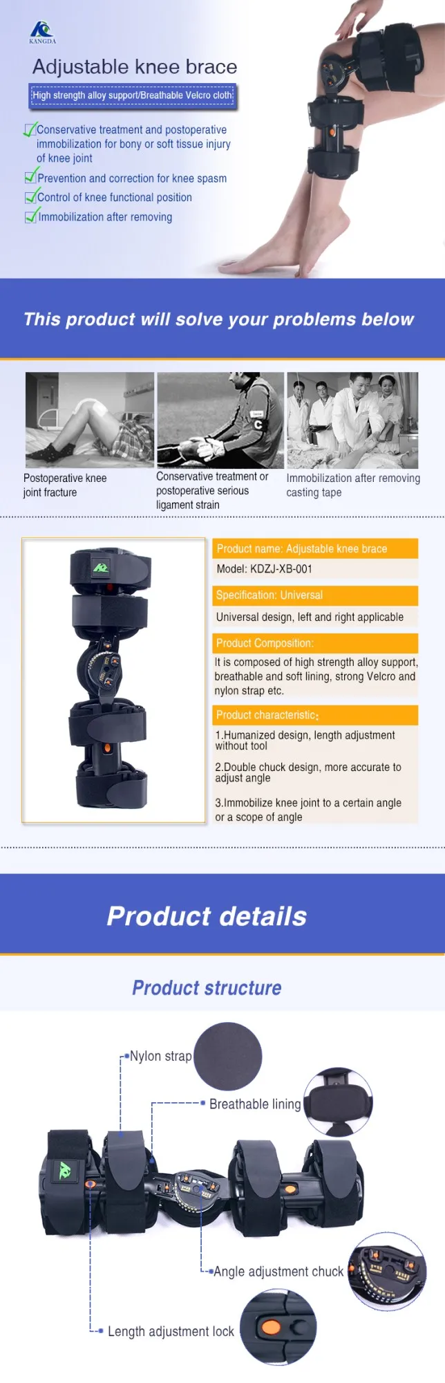 High Quality FDA CE approved adjustable Orthopedic Hinged Knee support ROM Post-OP knee brace
