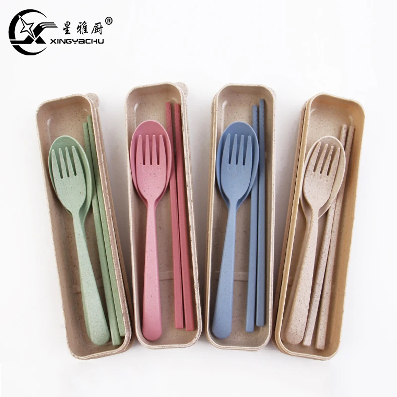 

Eco-Friendly Wheat Straw Fork Chopsticks Spoon Tableware for Child Travel Camping Picnic, Pink/blue/green/wheat color