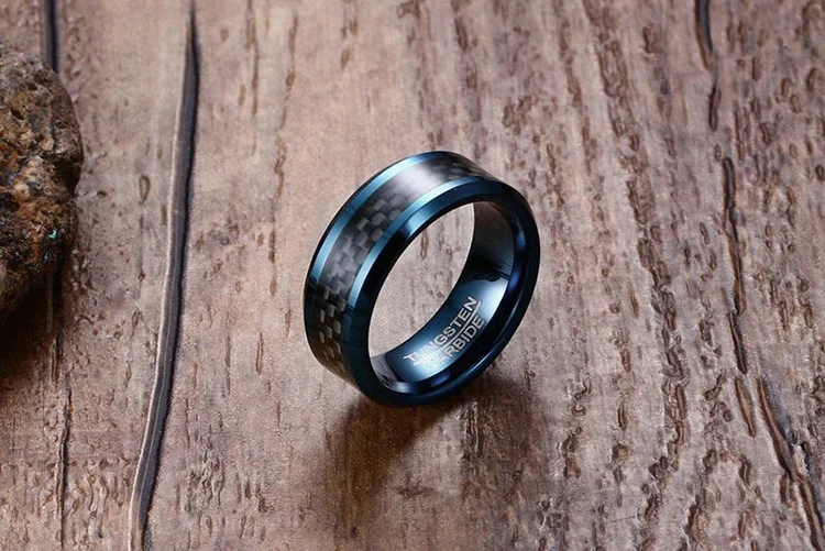 In Stock Cheap 8mm Tungsten Carbide Ring Mens Blue Carbon Fiber