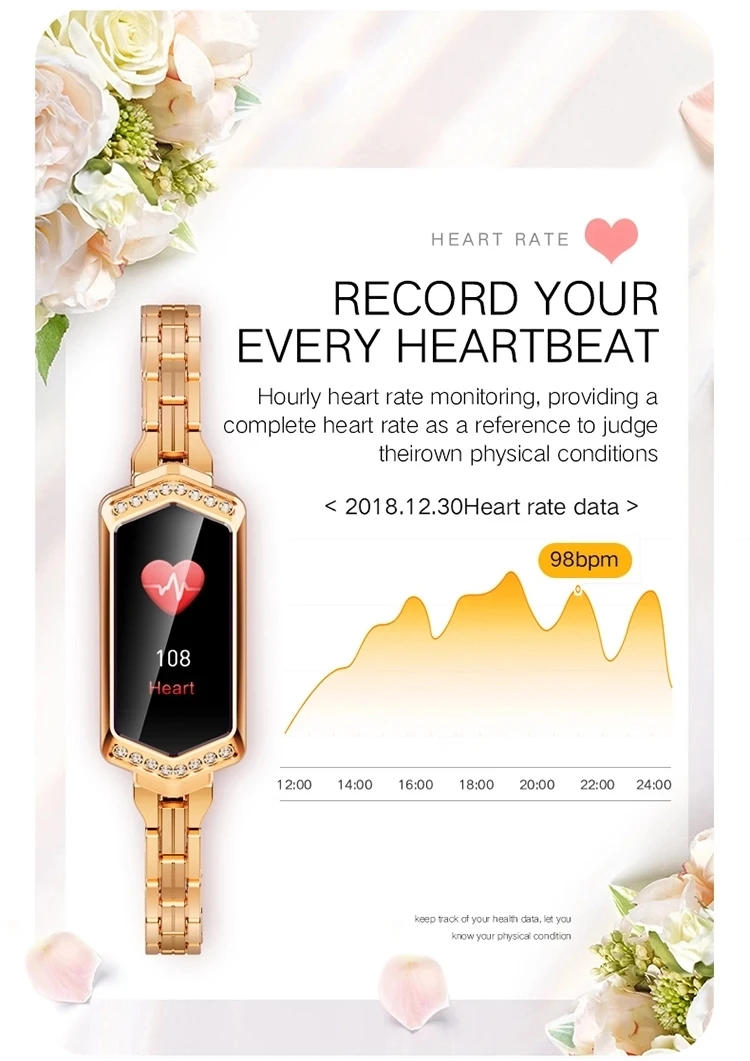 2019 women watch band heart rate monitor deep waterproof ip67 sport ladies smart bracelet B78