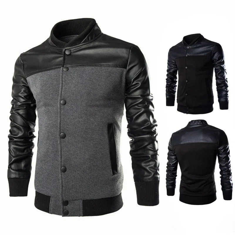 

Men's PU Leather Stitching Black Grey Leisure Jackets, Black,gray