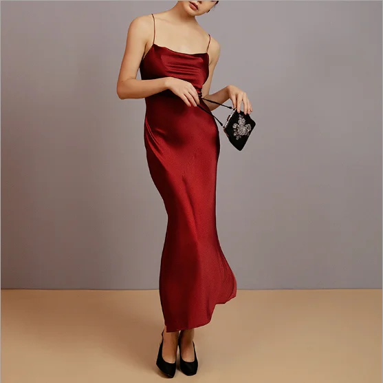 

Elegant 100% silk long skirt big halter strap long skirt sexy silk strap nightdress silk slip dress, Red;black;green;navy blue