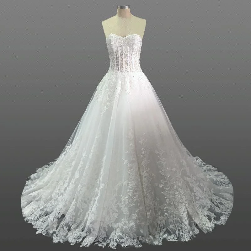 Exquisite Heavy Lace Real Sample Strapless Applique Aline Wedding Dress ...