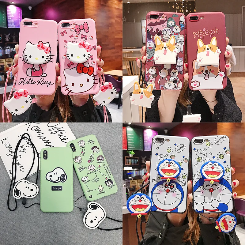 

Cute Japan Cartoon Snoop Doraemon phone case For iPhone 6 7 8 Plus Xs Max Xr Soft back cover with Kitty Cat stand rope strap, Pink, green, patterns.