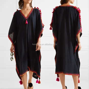 Vetement Boheme Brodée Mexicaine Embelli Coton Robe Caftan Marocain Caftan Plage Porter Avec Coloré Pom Poms Hsk5846 Buy Caftan Marocainvêtements