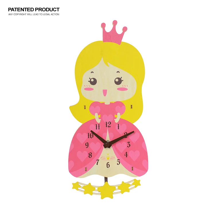 

customized princess shape Cartoon style wooden swing diy wall clock decor for kids clock, Customized color