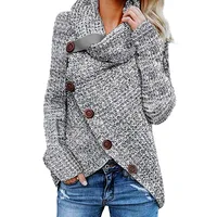 

Custom OEM Winter Ladies Heather Gray Buttoned Wrap Turtleneck Women Sweater