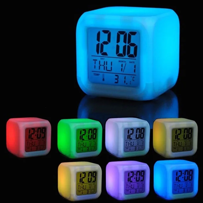 

UCHOME LED Cube 7 Colors Night Change LCD Digital Glowing Date Calendar Display Cube LCD Clock Kid Alarm Clock