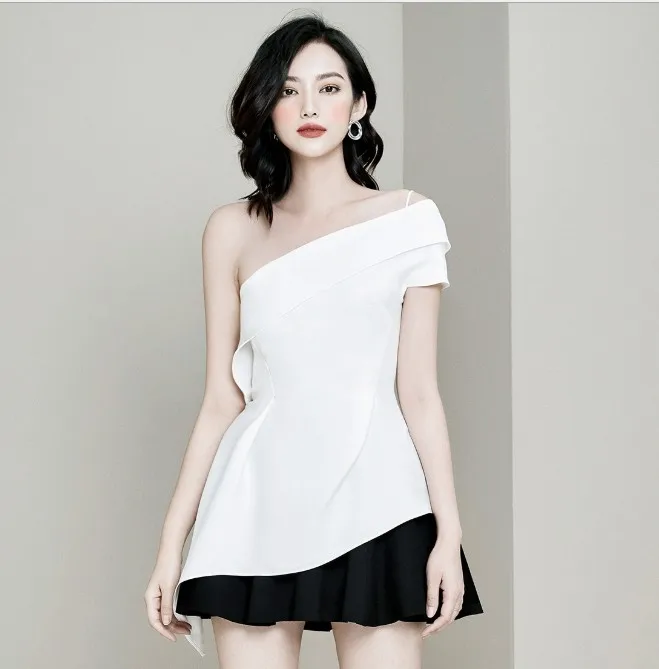 

2018 New Fashion Summer One Shoulder Casual Midi Dress Black&White Women Dresses, Shown