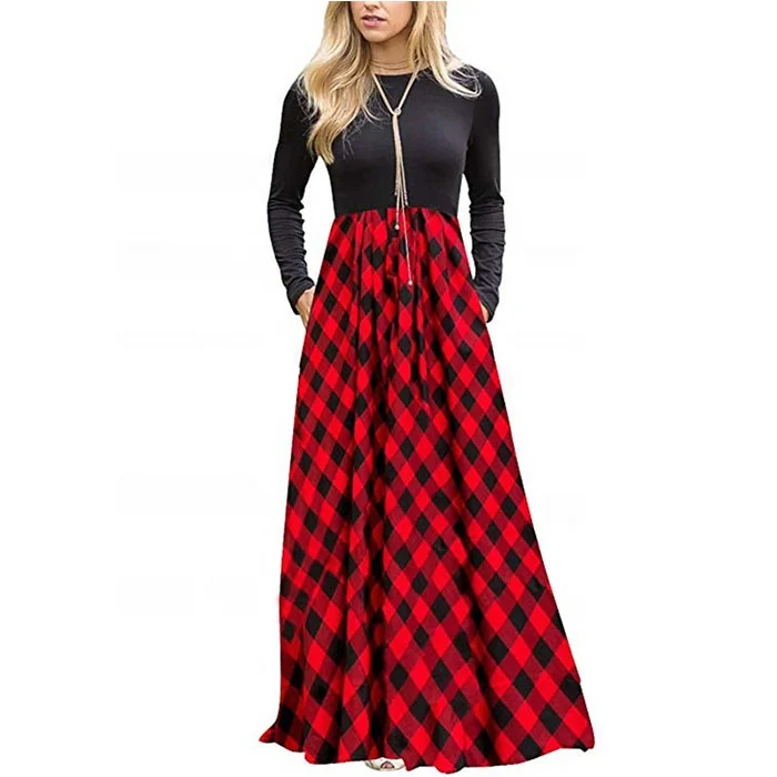 

Wholesale Fashionable Women Plaid Print Full Length Maxi Dress, 3 colors