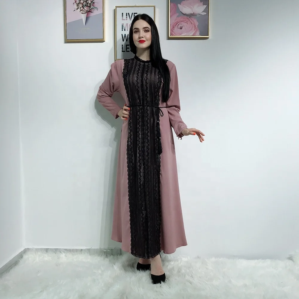 

Wholesale new arrival abaya in dubai turkish ladies clothes lace long muslim maxi dress, Pink with black