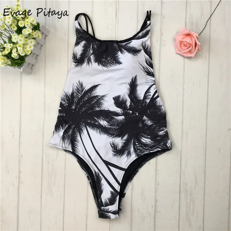 

bikini 2017 Sexy halter straps women swimwear high cut palm tree one piece swimsuit Black and white printing women bathing suits, Black and white swimsuit