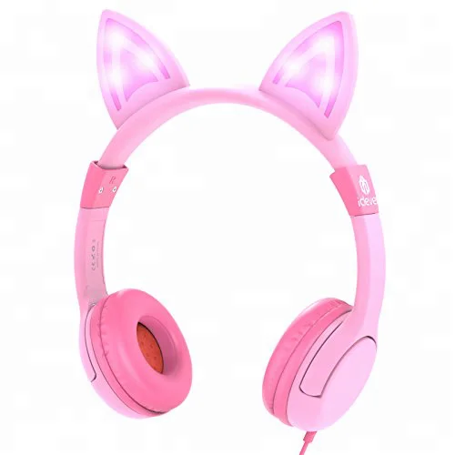 

iClever LED Backlight Headsets 85dB Volume Limited Food Grade Silicone Safe Wired Kids Headphones Over Ear, Pink