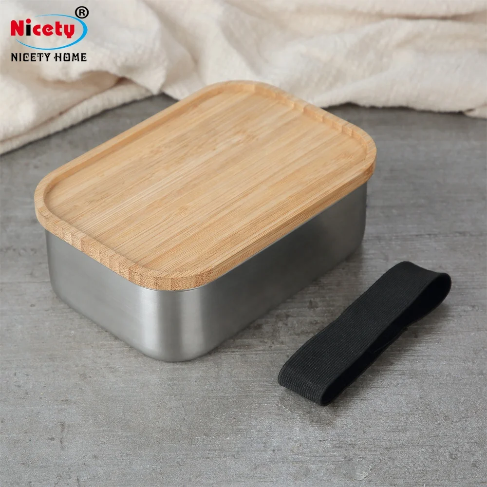 

reusable food storage containers wooden lid stainless steel rectangle lunch box for kids school