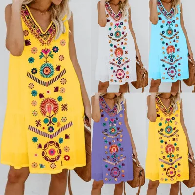 

CY-20 2019 Summer Fashion women's dresses Pure color sleeveless v-neck halter dress with embroidery floral pattern ladies casual, Picture show