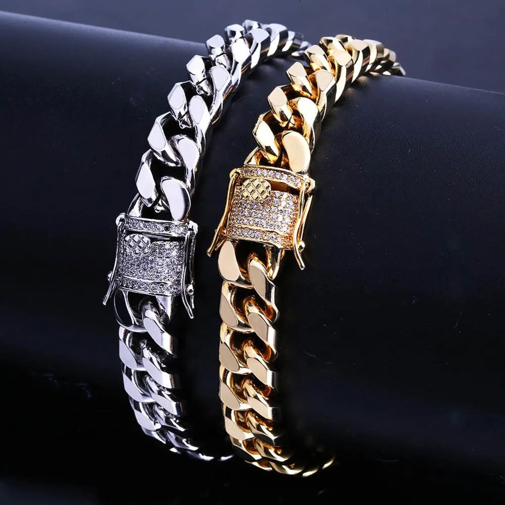 New Style 11mm 7in Fashion Gold/Silver Color Micro Pave CZ Stone Bracelet Width Link Chain Bracelets Hip-Hop Jewelry Gift JUNLU