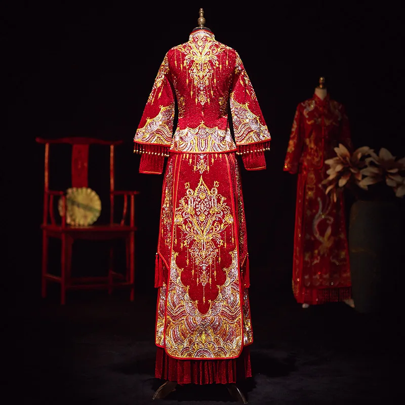 

vintage big red tassel bridal Chinese style vintage improved cheongsam wedding gowns