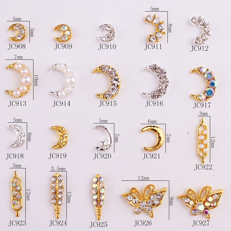 

3D Nail Art Jewelry Alloy Deco Crystal Rhinestones Glitter Tips DIY 100Pcs TM44N01 Gold Nail gems Star/Moon nail jewelry, HKJ788