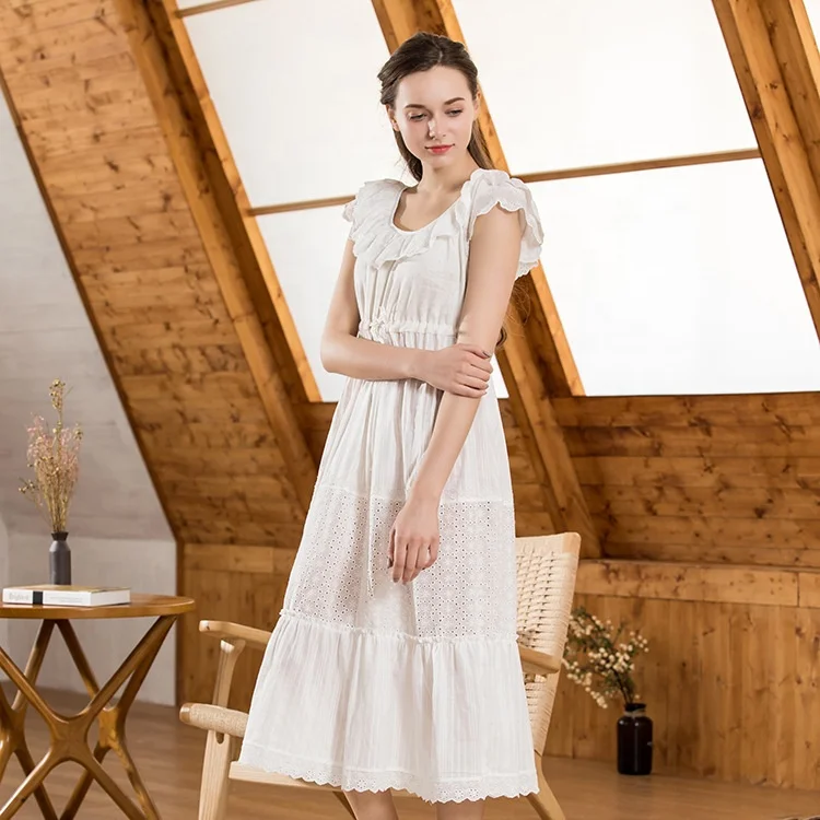 Sleeveless And Ruffle Eyelets Victorian Style Sleep Dress White Cotton